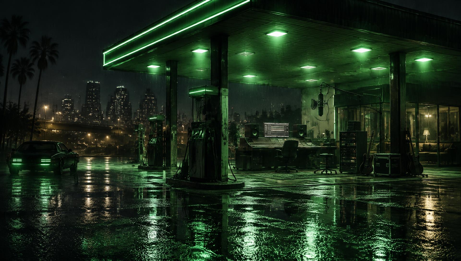 A rain-slicked night station lit in green, with a console and microphone under the canopy